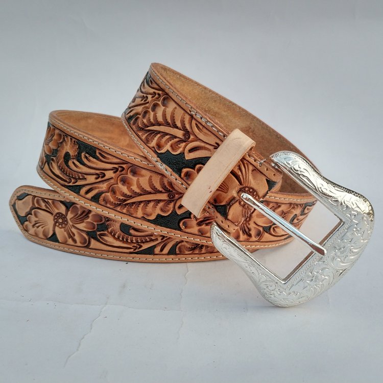 Handmade Tooled Leather Belt With Cow Carving – Full Hand-Carved Genuine Cowhide Belt (Complete With Buckle)